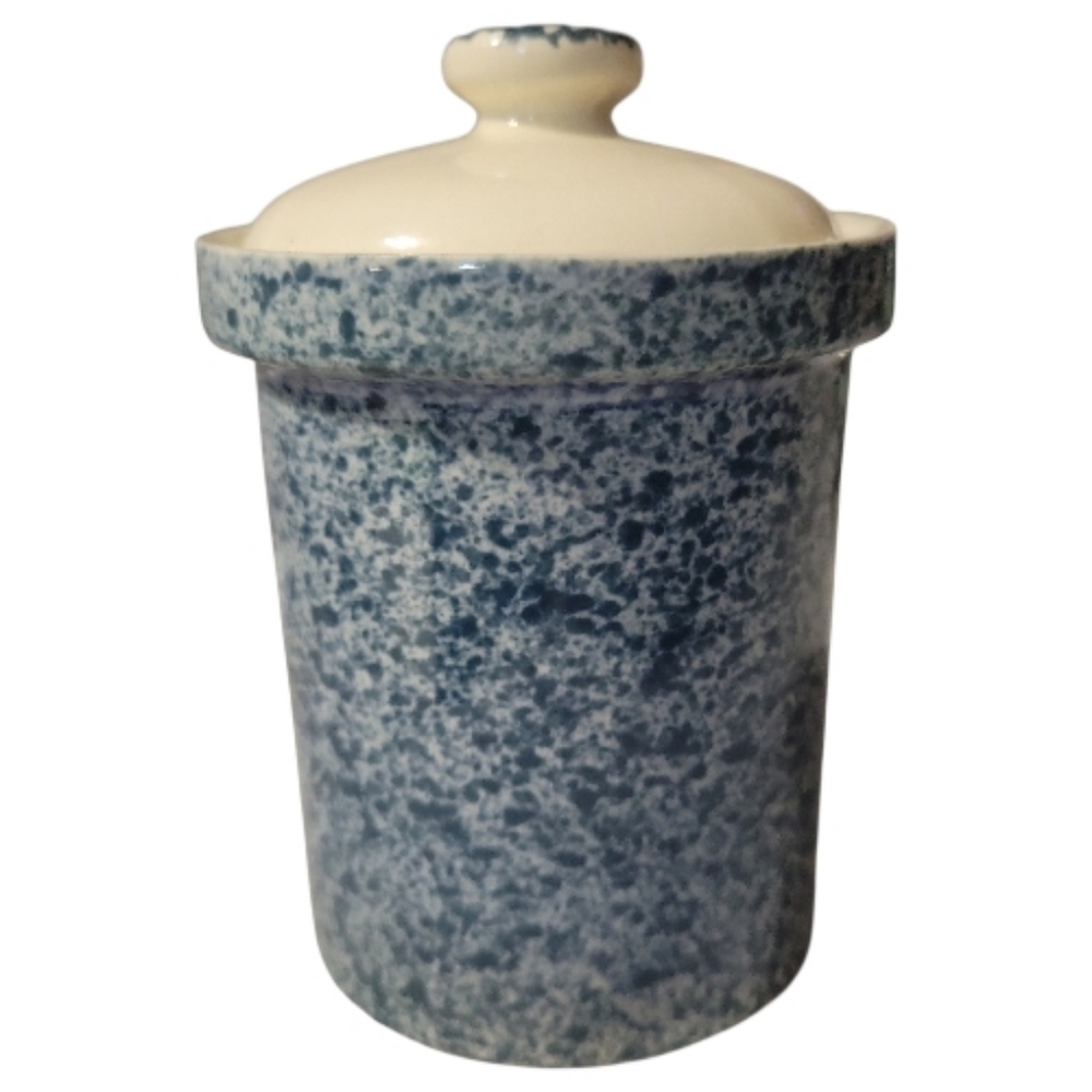 Vtg 60's Blue White Speckled Stoneware Crock Canister Sponge Spatterware W/Lid - Picture 2 of 8